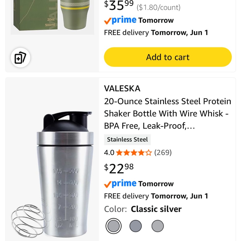 2 brand new Valeska Classic Silver Stainless Steel Protein Shaker Bottles in box